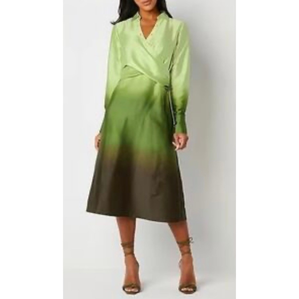 NWT Worthington Satin Ombre Wrap Dress Midi Green Long Sleeve Career Party Sz Lg